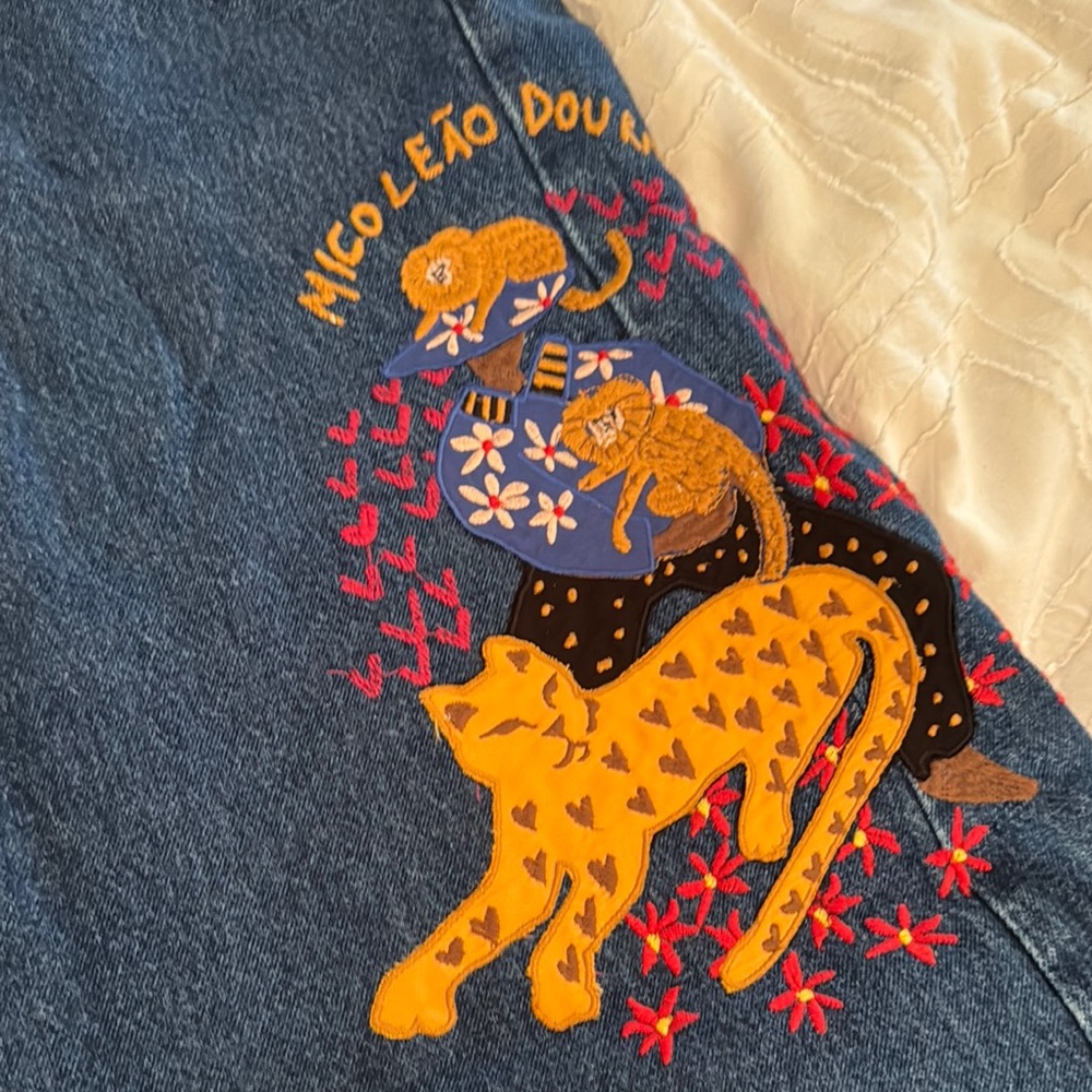 Farm Rio Wide Leg Embroidered Animals Dark Blue Jeans- Brazil Size 34 - Picture 3 of 10